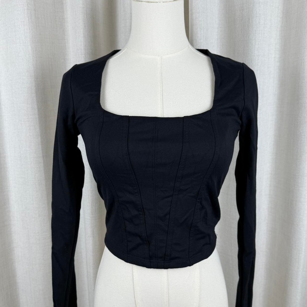 Abercrombie & Fitch Black Square Neck Long Sleeve Corset Seam Top XS